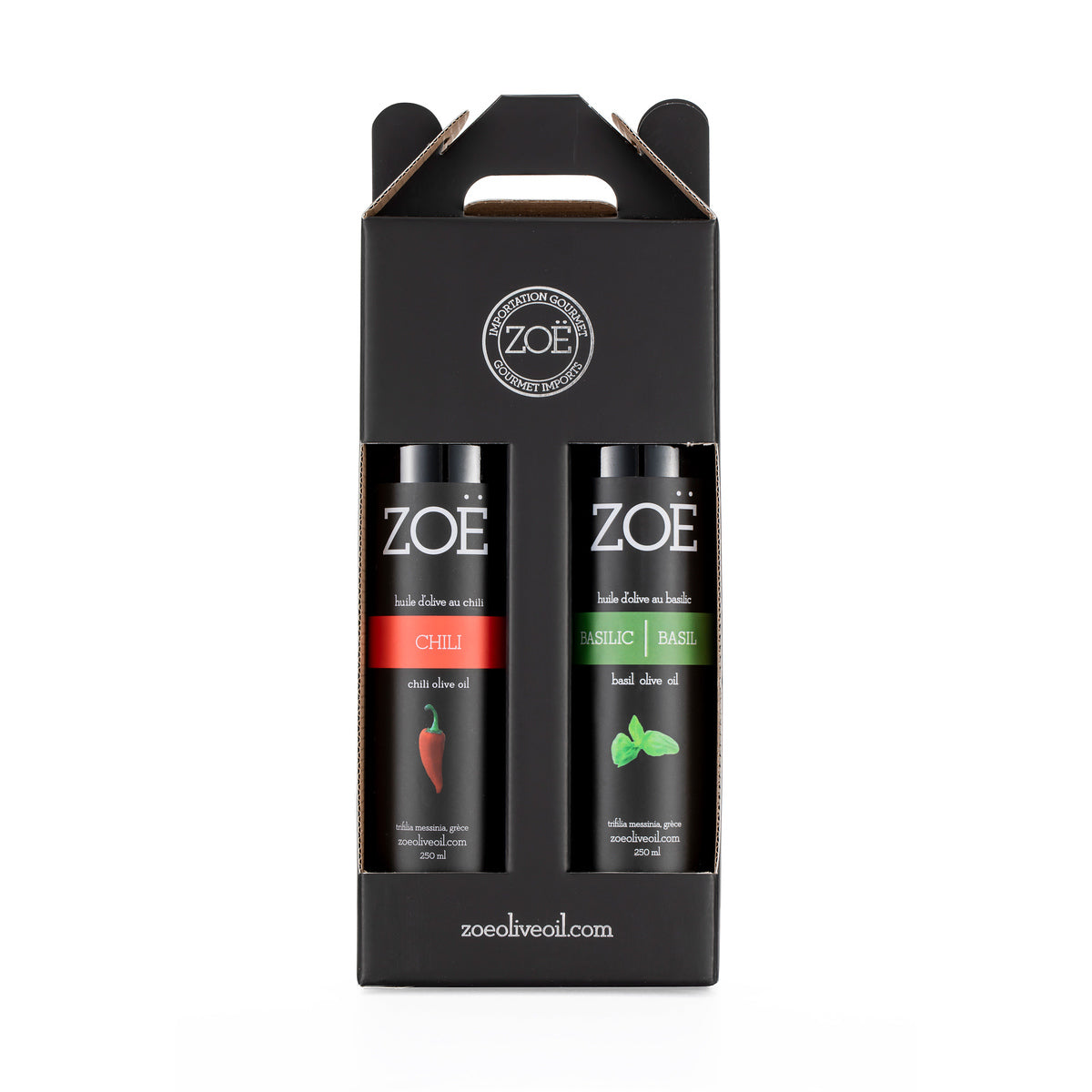 Duo d&#39;huile d&#39;olive Infusées Chili - Basilic pour pizza - Importations Zoë