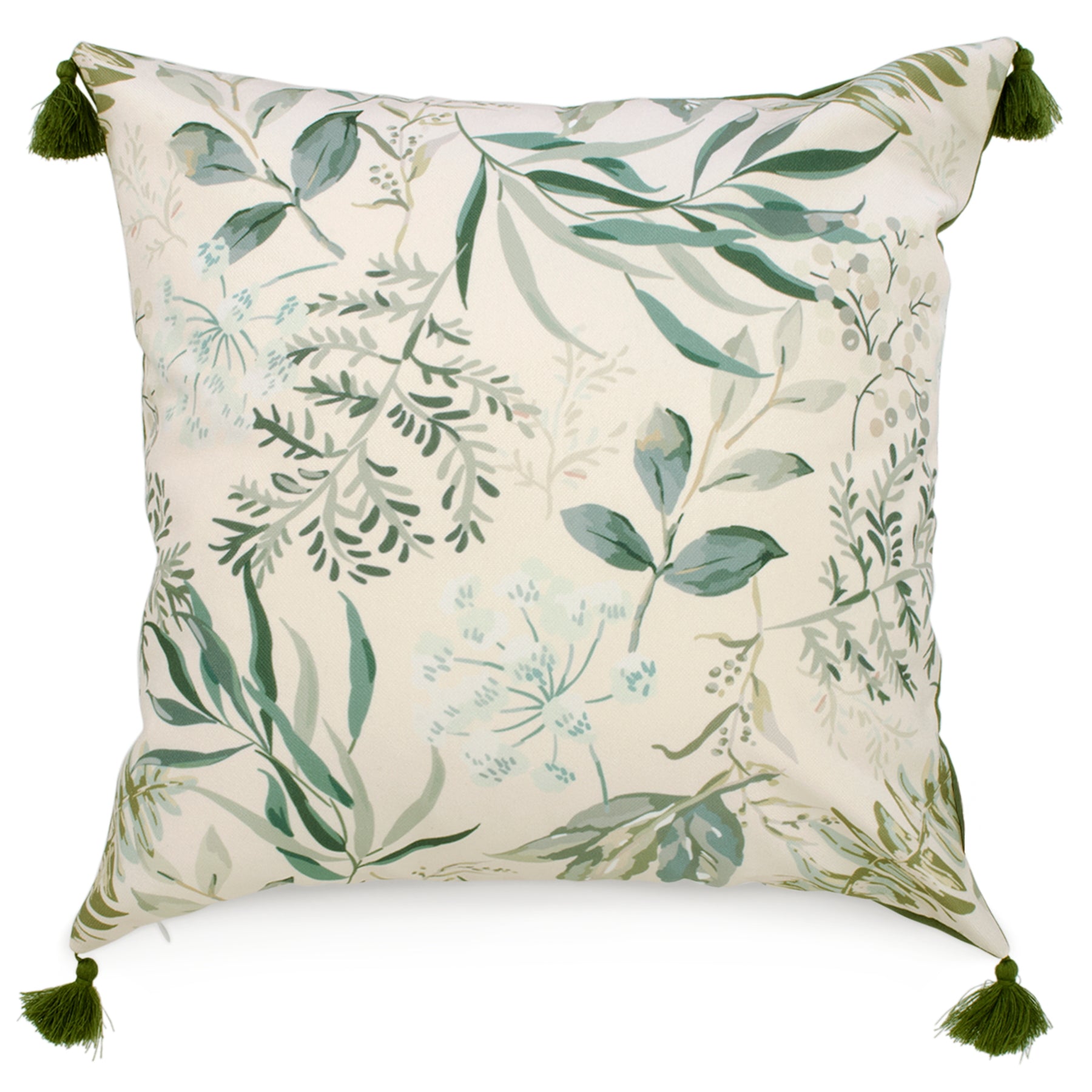 Green foliage square cushion with tassel