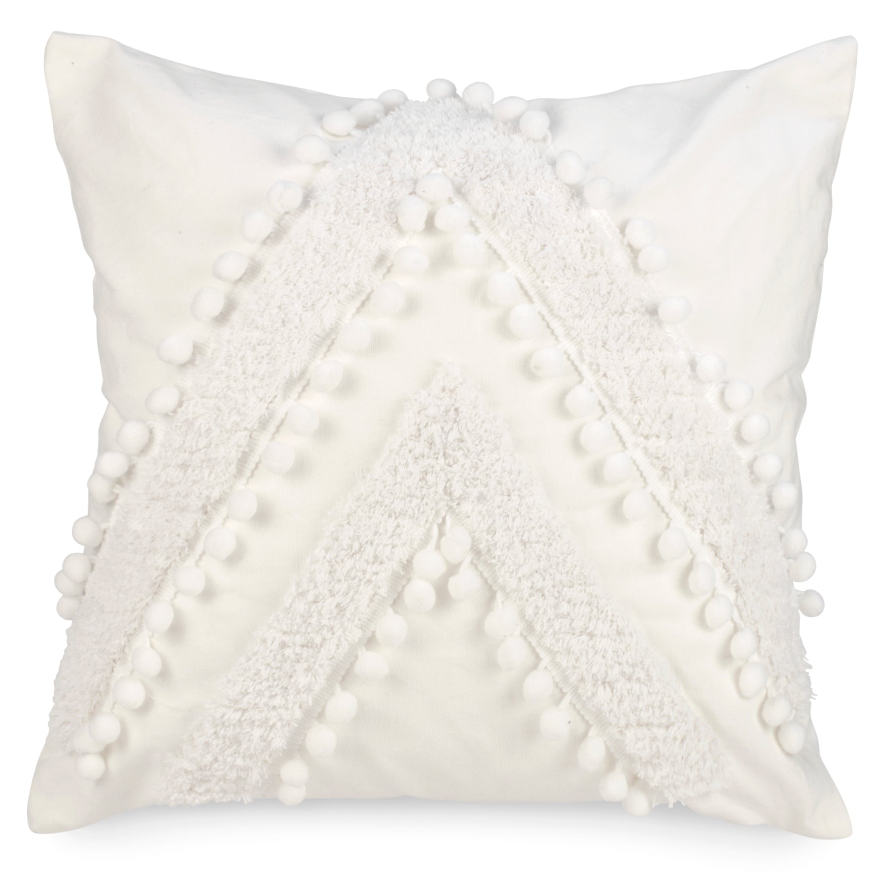 Coussin carré blanc pompons et motifs