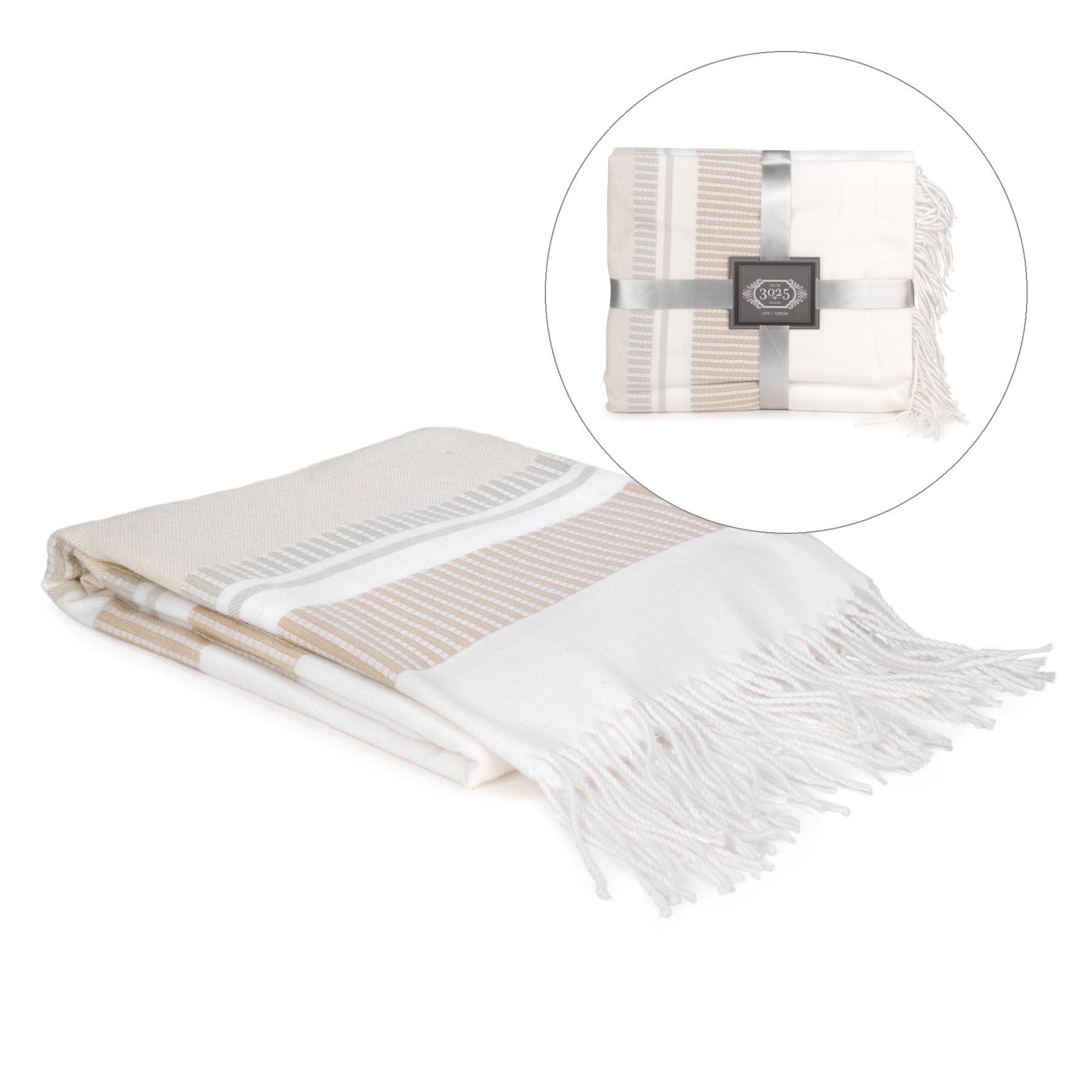 Beige and white throw with fringes