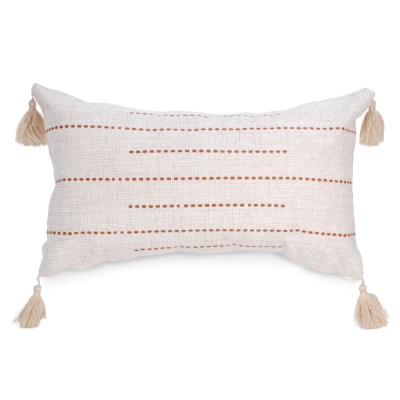 Coussin rectangulaire beige avec des pois et glands