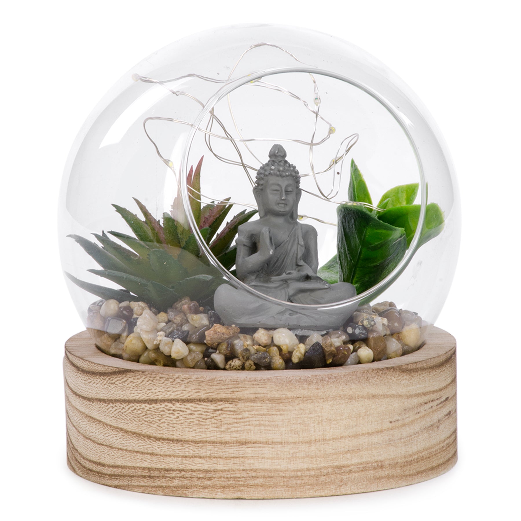 Illuminated plant and Buddha on wooden base