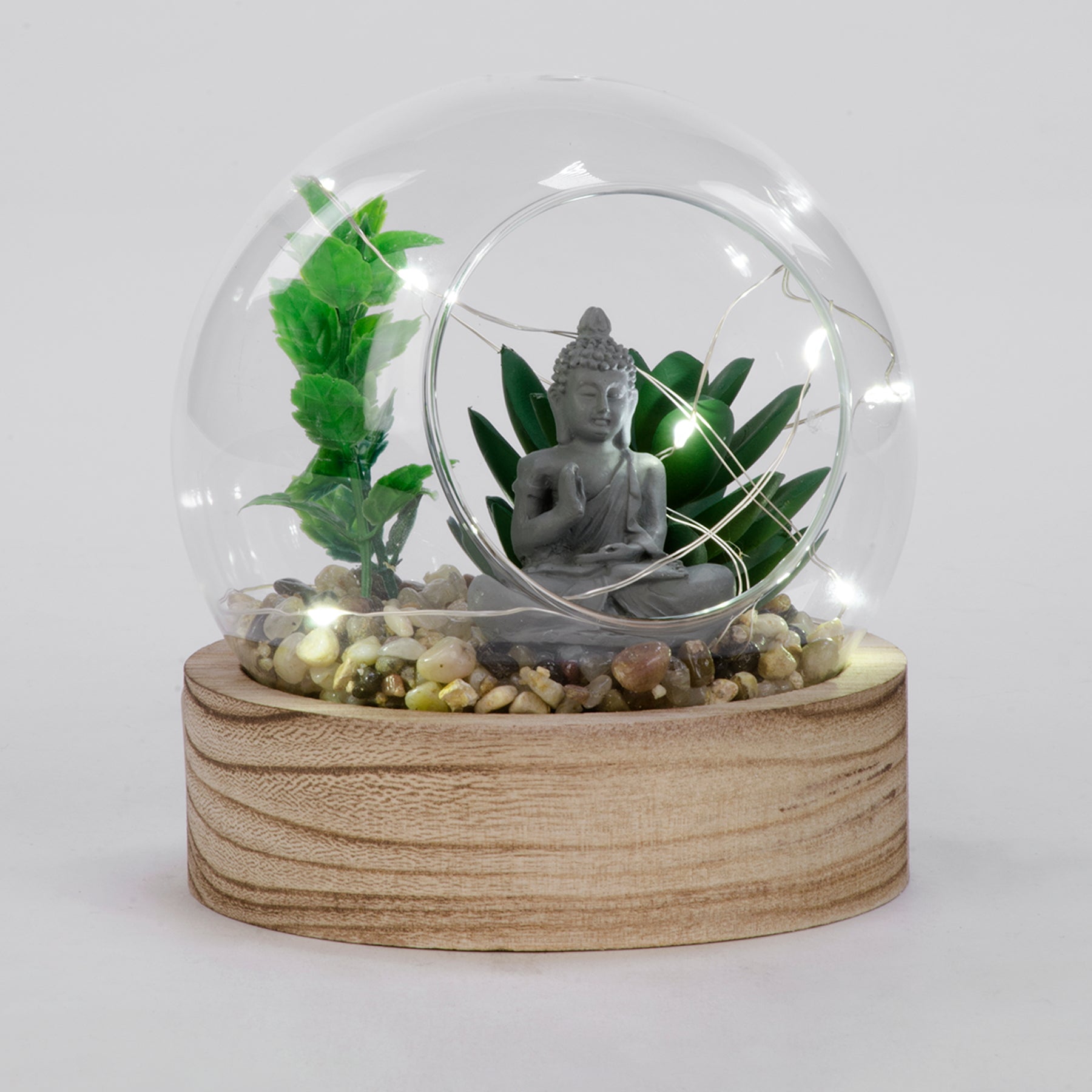 Illuminated plant and Buddha on wooden base