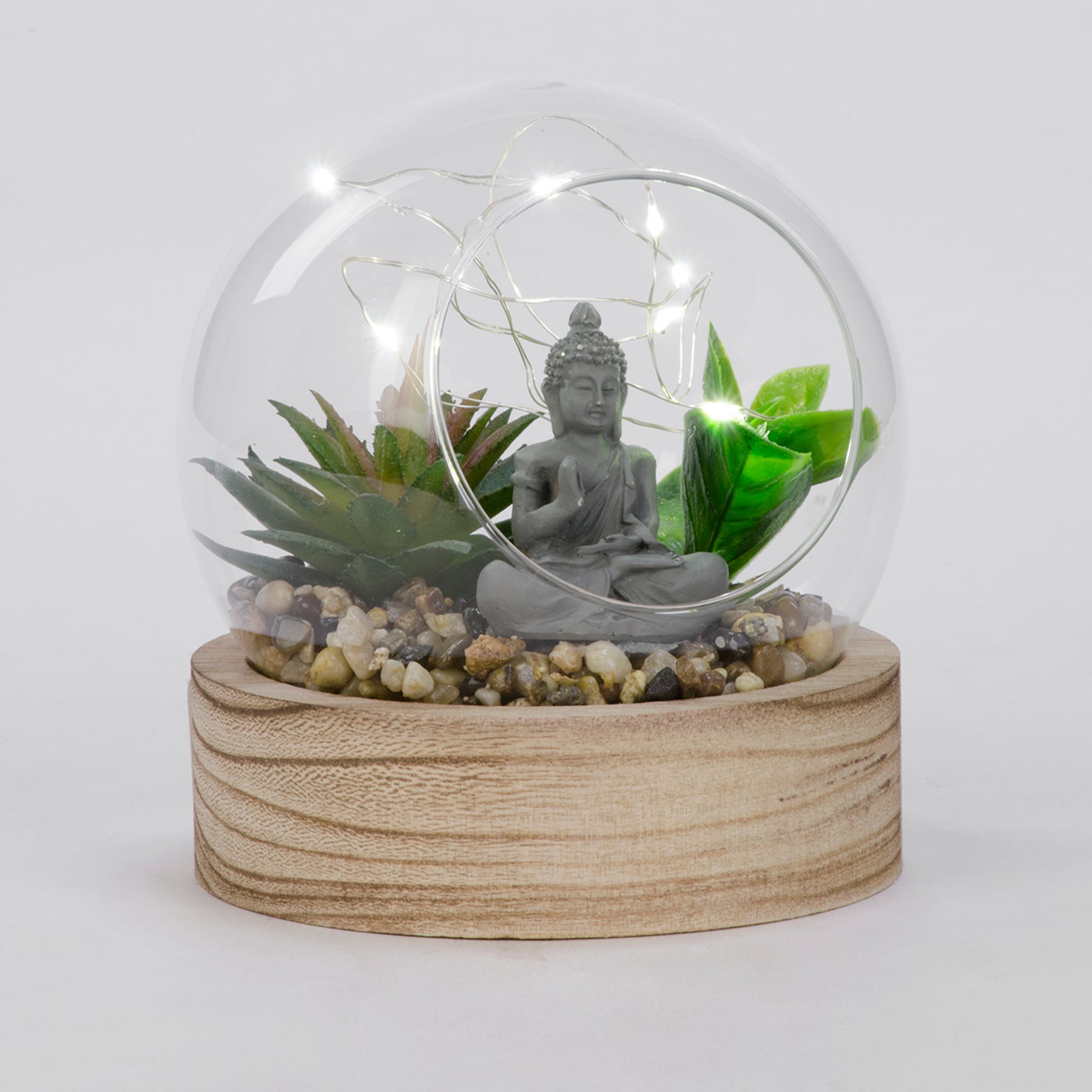 Illuminated plant and Buddha on wooden base