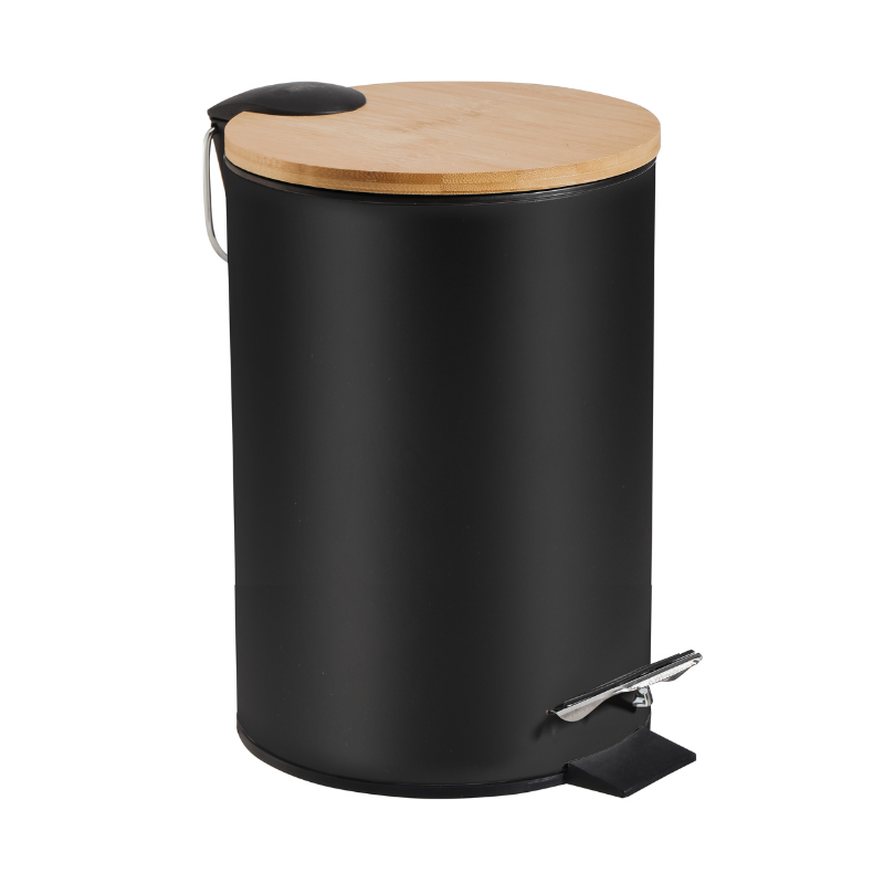 Black trash can with a bamboo lid