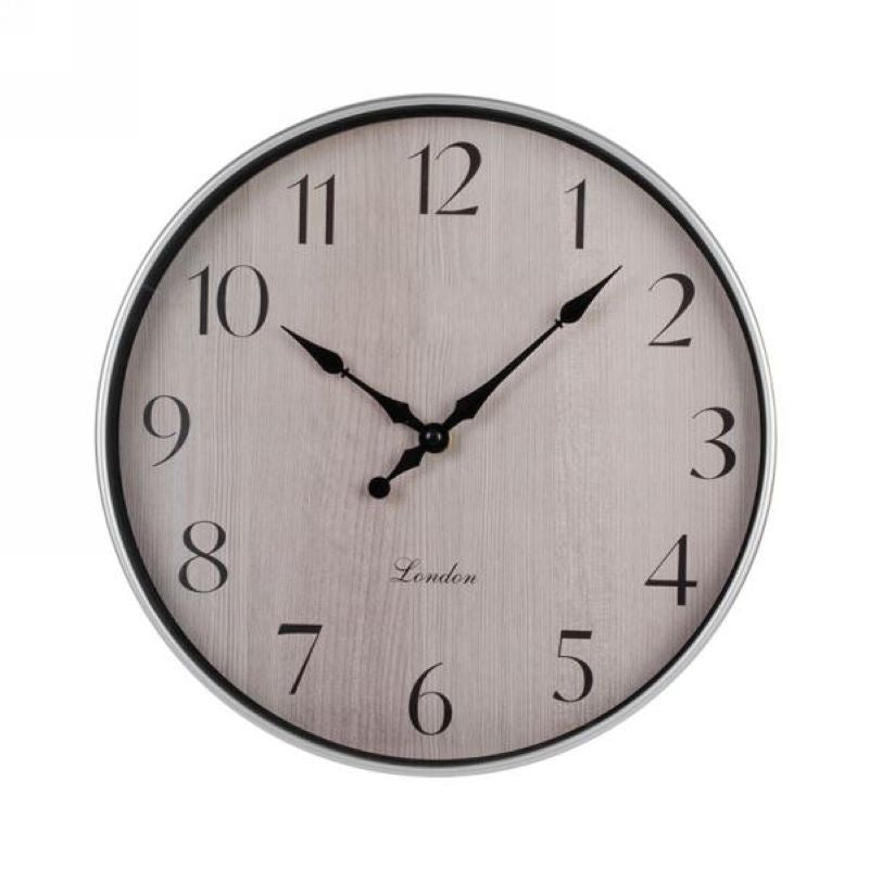 Horloge murale fond beige effet bois 30 cm - Argent